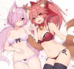 2girls :d animal_ear_fluff animal_ears bell bell_collar black_legwear blush bow bow_bra bow_lingerie bow_panties bra breasts cleavage collar commentary_request fang fate/grand_order fate_(series) fox_ears fox_tail frilled_bra frills gloves hair_bow hair_over_one_eye kemonomimi_mode lavender_hair legs legs_together lingerie mash_kyrielight medium_breasts multiple_girls muryotaro open_mouth panties paw_gloves paws pink_hair ponytail red_bra short_hair side-tie_panties smile tail tamamo_(fate)_(all) tamamo_cat_(fate) thigh-highs underwear violet_eyes yellow_eyes