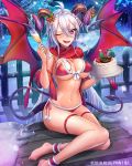  1girl :d ;d ahoge ankleband asmodeus_(lost_crusade) barefoot bikini blush braid breasts cake champagne_flute christmas cup demon_horns demon_tail demon_wings drinking_glass fence food hair_between_eyes hair_ornament holding holding_cup horns icicle large_breasts lost_crusade morichika_shuuto navel night night_sky official_art one_eye_closed open_mouth outdoors red_bikini red_scarf scarf sitting sky smile snow snowing snowman solo sweatdrop swimsuit tail tree violet_eyes visible_air white_hair wings wooden_fence 