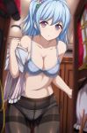  1girl :o ass_visible_through_thighs bang_dream! bangs bare_arms bare_shoulders black_legwear black_panties blouse blue_bra blue_hair blurry blurry_background blurry_foreground bra breasts ceiling_light cleavage collarbone commentary_request cowboy_shot depth_of_field eyebrows_visible_through_hair fine_fabric_emphasis groin hair_ornament highres indoors jacket large_breasts leaning_forward long_hair looking_at_viewer matsubara_kanon narafume navel one_side_up panties panties_under_pantyhose pantyhose parted_lips red_footwear red_jacket shirt_removed shoes_removed sidelocks solo standing stomach thighband_pantyhose underwear violet_eyes wardrobe white_blouse 