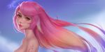  1girl commentary commission daria_leonova gradient_hair halo highres jibril_(no_game_no_life) long_hair looking_at_viewer magic_circle multicolored_hair no_game_no_life orange_eyes parted_lips pink_hair solo tattoo very_long_hair watermark web_address wing_ears 