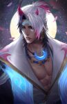  1boy abs aphelios bangs bead_necklace beads black_hair crescent crescent_necklace ddorobo highres horns jewelry league_of_legends long_sleeves male_focus medium_hair moon multicolored_hair muscular muscular_male necklace parted_lips petals pointy_ears spirit_blossom_aphelios teeth two-tone_hair upper_body 