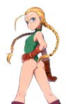  1girl ahoge ass blonde_hair blue_eyes braid cammy_white commentary fingerless_gloves flat_chest gloves green_leotard highres huge_ahoge kneepits konboi-eg leotard looking_back solo street_fighter thong_leotard twin_braids younger 