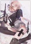  1girl anchovy_(artist) ass assault_rifle bullpup flower girls_frontline gloves gun hair_flower hair_ornament holster knife looking_at_viewer lying miniskirt plaid plaid_skirt rifle short_hair skirt smile solo steyr_aug steyr_aug_(girls_frontline) tagme thigh-highs thigh_holster thigh_strap weapon yellow_eyes 