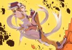  1girl armored_boots armpits boots breasts leg_up light_brown_hair medium_breasts mokutan_mmmm navel navel_cutout orange_eyes scarf senki_zesshou_symphogear shorts tachibana_hibiki_(symphogear) 