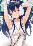  1girl armpits arms_behind_head arms_up bangs bare_arms blue_hair closed_eyes collarbone cross-laced_clothes daisy dress facing_viewer fire_emblem fire_emblem:_kakusei fire_emblem_13 fire_emblem_awakening flower hair_between_eyes hand_in_hair hands_in_hair highres intelligent_systems long_hair lucina lucina_(fire_emblem) nintendo ormille parted_lips sketch sleeveless sleeveless_dress solo super_smash_bros. tiara upper_body white_background 