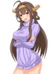 1girl alternate_costume blush brown_hair double_bun eyebrows_visible_through_hair hair_between_eyes headgear kantai_collection kongou_(kantai_collection) linfa_lm long_hair looking_at_viewer open_mouth purple_sweater simple_background solo sweater white_background 
