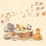  autumn autumn_leaves baton_(instrument) bird chick chipmunk commentary_request drum drumsticks fish fishbowl flute hamster headband holding holding_instrument instrument jack-o&#039;-lantern leaf looking_at_another mojacookie mushroom music musical_note no_humans original piano playing_instrument porcupine rabbit red_headband running sepia_background signature simple_background squirrel standing tree_stump violin wind 