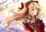  1girl :d bangs bare_tree black_shirt blonde_hair brown_scarf coat commentary_request day ereshkigal_(fate/grand_order) eyebrows_visible_through_hair fate/grand_order fate_(series) floating_hair from_side hair_ornament hair_ribbon hairband hands_up long_hair long_sleeves open_mouth outdoors plaid plaid_scarf pon_(ponidrop) red_coat red_eyes red_ribbon ribbon scarf shirt sidelocks sleeves_past_wrists smile snowing solo tareme tree tree_branch two_side_up upper_body winter_clothes 