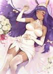  1girl animal_ears bangs bare_shoulders blunt_bangs blush breasts dark_skin dress elbow_gloves eyeliner facepaint facial_mark fate/grand_order fate_(series) flower garter_straps gloves hairband haoni hips jackal_ears long_hair looking_at_viewer lying makeup medium_breasts nitocris_(fate/grand_order) on_back parted_lips purple_hair rose sidelocks solo thighs veil very_long_hair violet_eyes white_dress white_flower white_gloves white_legwear white_rose 