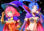  2girls alice_wishheart blue_eyes blue_hair breasts cape earrings green_eyes halloween hat highres jewelry magical_halloween midriff multiple_girls navel pink_hair pointy_ears rosemary_bergamot short_hair skull smile star tenzeru witch_hat 