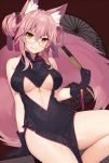  1girl animal_ears bangs bare_shoulders bell black_dress black_gloves blush breasts center_opening china_dress chinese_clothes closed_mouth dress fan fate/grand_order fate_(series) folding_fan fox_ears fox_tail glasses gloves hair_between_eyes hips jingle_bell koyanskaya large_breasts long_hair looking_at_viewer muryotaro pink_hair sitting smile solo tail tassel thighs yellow_eyes 