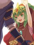  1girl bracelet cape chiki fire_emblem fire_emblem:_mystery_of_the_emblem fire_emblem_heroes green_eyes green_hair hood jewelry long_hair mamkute marth nintendo pointy_ears ponytail renkonmatsuri simple_background smile tiara 