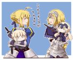  4girls :d ahoge anger_vein armor armored_dress artoria_pendragon_(all) black_dress blonde_hair blue_ribbon blush braid capelet chains chibi closed_eyes commentary_request dark_excalibur dress elbow_gloves eyebrows_visible_through_hair fate/apocrypha fate/grand_order fate/stay_night fate_(series) faulds gauntlets gloves hair_bun hair_ribbon headpiece holding holding_sword holding_weapon jeanne_d&#039;arc_(alter)_(fate) jeanne_d&#039;arc_(fate) jeanne_d&#039;arc_(fate)_(all) long_braid long_hair motion_lines multiple_girls open_mouth parted_lips ribbon saber saber_alter single_braid smile sword translation_request tsuchiya_madose two-tone_background weapon yellow_eyes 