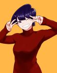  1girl ayatak0517 black_eyes black_hair highres komi-san_wa_komyushou_desu komi_shuuko looking_at_viewer one_eye_closed pullover short_hair smile v yellow_background 