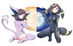  animal_ears black_bodysuit bodysuit brown_hair cosplay creatures_(company) espeon espeon_(cosplay) fake_animal_ears fake_tail forehead_jewel game_freak gen_2_pokemon kneeling looking_at_viewer looking_back mizuki_(pokemon) mk_(mikka) moon nintendo pokemon red_eyes sitting skin_tight smile sun tail umbreon umbreon_(cosplay) waving 