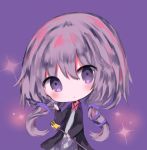  1girl :o bangs black_jacket blue_dress blush chibi commentary_request cottontailtokki criss-cross_halter dress hair_between_eyes hair_ornament halterneck hand_up head_tilt holding jacket long_hair long_sleeves looking_at_viewer low_twintails open_clothes open_jacket parted_lips purple_background purple_hair solo sparkle twintails very_long_hair violet_eyes voiceroid yuzuki_yukari yuzuki_yukari_(lin) 