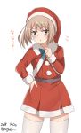 1girl alternate_costume belt brown_eyes brown_hair commentary_request dated dress hand_on_hip hat kantai_collection light_brown_hair long_sleeves looking_at_viewer meguru_(megurunn) michishio_(kantai_collection) red_dress santa_hat short_hair simple_background solo thigh-highs translation_request twitter_username white_background white_legwear yellow_eyes 