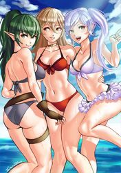  3girls ass beach bikini bikini_skirt breasts cape catslikestodraw chiki cosplay costume_switch cute female_my_unit_(fire_emblem:_kakusei) female_my_unit_(fire_emblem_if) fire_emblem fire_emblem:_kakusei fire_emblem:_mystery_of_the_emblem fire_emblem_heroes fire_emblem_if gloves green_eyes green_hair highres intelligent_systems mamkute my_unit_(fire_emblem:_kakusei) my_unit_(fire_emblem_if) navel nintendo o-ring o-ring_bikini pointy_ears ponytail robe super_smash_bros. swimsuit swimsuit_switch tiara twintails white_hair 