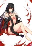  1girl absurdres bangs black_dress black_hair blood blood_from_mouth breasts center_opening choker cleavage collarbone commentary_request consort_yu_(fate) dress fate/grand_order fate_(series) fur_trim hair_between_eyes highres large_breasts long_hair looking_at_viewer navel open_mouth red_eyes sitting solo strapless strapless_dress very_long_hair zcheng_weibing 