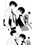  1girl 2boys 2koma arm_behind_back bare_shoulders comic commentary english_commentary food food_in_mouth height_difference hetero highres janitor lanyard leaning_forward looking_at_another mouth_hold multiple_boys necktie necktie_grab neckwear_grab norman_maggot ol-chan_(norman_maggot) original pocky pocky_day pocky_kiss ribbed_sweater shared_food short_hair sleeveless sleeveless_turtleneck sweatdrop sweater turtleneck 