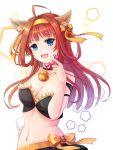  1girl :d ahoge animal_ears bell bell_collar blue_eyes bow breasts brown_hair cleavage collar crop_top eyebrows_visible_through_hair floating_hair food_themed_hair_ornament fox_ears frills hair_ornament hairband hand_on_hip head_tilt highres holding_candy ichika_5259 kantai_collection kongou_(kantai_collection) long_hair medium_breasts midriff navel off_shoulder open_mouth orange_bow pumpkin_hair_ornament shiny shiny_hair smile solo stomach upper_body yellow_hairband 