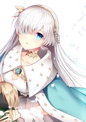  1girl agekichi_(heart_shape) anastasia_(fate/grand_order) blue_eyes breasts cape cleavage cleavage_cutout collarbone doll dress fate/grand_order fate_(series) fur_trim hair_over_one_eye hairband jewelry long_hair silver_hair simple_background solo white_background 