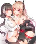  2girls artist_name black_hair breasts cleavage girls_frontline heterochromia large_breasts m4_sopmod_ii_(girls_frontline) maze_yuri multiple_girls name_tag object_on_breast open_clothes open_shirt orange_eyes pink_hair red_eyes ro635_(girls_frontline) skirt skirt_removed thigh-highs yellow_eyes 