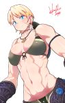  1girl abs alternate_costume alternate_hairstyle armlet bikini_top blonde_hair blue_eyes breasts cammy_white cleavage cosplay demento eyebrows_visible_through_hair fiona_belli fiona_belli_(cosplay) groin hat_around_neck highres hori_shin jewelry light_blush light_frown looking_at_viewer muscle muscular_female navel necklace scar short_hair simple_background solo stomach street_fighter street_fighter_v toned upper_body 