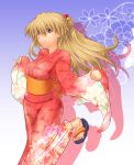  1girl blonde_hair blue_eyes eyebrows_visible_through_hair floating_hair floral_print hair_between_eyes headpiece highres japanese_clothes kimono leg_up long_hair long_sleeves makka_na_kedamono neon_genesis_evangelion obi print_kimono red_kimono sash shadow solo souryuu_asuka_langley very_long_hair wide_sleeves 