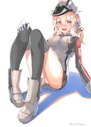  1girl anchor anchor_hair_ornament aqua_eyes armored_boots black_legwear black_ribbon black_skirt blonde_hair blush boots eyebrows_visible_through_hair full_body gloves hair_between_eyes hair_ornament hat highres hiiragi_kifuyu kantai_collection long_hair looking_at_viewer microskirt military military_hat military_uniform open_mouth panties peaked_cap prinz_eugen_(kantai_collection) ribbon simple_background skirt solo thigh-highs twintails underwear uniform white_background white_gloves white_panties 