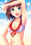  1girl :d amami_haruka arm_up armpits bikini blue_eyes bow breasts brown_hair cleavage clouds collarbone day eyebrows_visible_through_hair frilled_bikini frills hair_bow highres idolmaster idolmaster_(classic) looking_at_viewer medium_breasts navel open_mouth outdoors polka_dot_bikini_top red_bow short_hair smile solo sparkle swimsuit upper_body white_bikini z.nov 