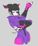  alternate_costume bodysuit drill_hair grey_background han_juri highres impossible_bodysuit impossible_clothes multicolored_hair street_fighter street_fighter_v tombsakura twin_drills two-tone_hair 