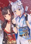  2girls akagi_(azur_lane) alternate_costume animal_ears azur_lane bangs black_kimono blue_eyes blunt_bangs blush breasts brown_hair cleavage eyeliner eyeshadow fox_ears fox_girl fox_mask fur_trim highres izumo_neru japanese_clothes kaga_(azur_lane) kimono kitsune long_hair makeup mask mask_on_head medium_breasts multiple_girls red_eyes short_hair silver_hair small_breasts smile standing white_kimono wide_sleeves 