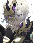  1boy armor bishounen broken broken_mask commentary_request face fate/grand_order fate_(series) fingerless_gloves gao_changgong_(fate) gem gloves hair_between_eyes looking_at_viewer male_focus mask parted_lips portrait reichiou shatter short_hair silver_hair simple_background solo violet_eyes white_background 