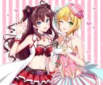  2girls :d ;d black_bow blonde_hair blue_eyes bow breasts brown_hair cleavage collarbone earrings floating_hair frilled_skirt frills gloves green_eyes hair_between_eyes hair_bow hat ichinose_shiki idolmaster idolmaster_cinderella_girls jewelry layered_skirt long_hair looking_at_viewer medium_breasts midriff miniskirt miyamoto_frederica multiple_girls navel necklace one_eye_closed open_mouth pink_hat pleated_skirt red_skirt shiny shiny_hair short_hair skirt sleeveless smile standing stomach striped striped_background twintails vertical-striped_skirt vertical_stripes very_long_hair white_gloves wrist_cuffs yellow_bow yukiya_(shiya) 