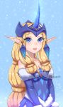  alternate_eye_color alternate_hair_color artist_name bare_shoulders blue_background blue_eyes breasts detached_sleeves hair_ornament headwear horn league_of_legends long_hair looking_at_viewer nanumn parted_lips pointy_ears sidelocks simple_background small_breasts snowing soraka standing very_long_hair winter_wonder_soraka 