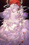  1girl arm_up bouquet breasts choker detached_sleeves dress expressionless eyebrows_visible_through_hair flower frilled_dress frills grey_eyes jewelry leaf looking_at_viewer medium_breasts mizumizu_(phoenix) necklace pale_skin petals plant red_flower red_rose rose sinoalice snow_white_(sinoalice) solo veil vines wedding_dress white_dress white_flower white_hair white_rose 
