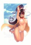  1girl absurdres arms_up bead_necklace beads bikini bikini_top breasts cleavage clouds cloudy_sky collarbone commentary_request day earrings erect_nipples eyebrows_visible_through_hair fate/grand_order fate_(series) hair_between_eyes hat headpiece highres hoop_earrings jewelry jumping large_breasts legs_up long_hair navel necklace open_mouth outdoors revision sandals sky sleeveless smile sungwon swimsuit very_long_hair violet_eyes white_bikini xuanzang_(fate/grand_order) 