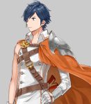  1boy armor bangs blue_eyes blue_hair cape fire_emblem fire_emblem:_kakusei gloves grey_background krom nintendo pauldrons simple_background solo swept_bangs 