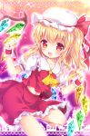  1girl :d ascot blonde_hair blush commentary_request crystal enjoy_mix fang fingernails flandre_scarlet frilled_shirt_collar frilled_skirt frilled_sleeves frills hands_up hat hat_ribbon leg_up long_hair looking_at_viewer midriff_peek mob_cap navel one_side_up open_mouth outline puffy_short_sleeves puffy_sleeves red_eyes red_ribbon red_skirt ribbon short_sleeves skirt skirt_set smile solo sparkle touhou w_arms wings wrist_cuffs yellow_neckwear 