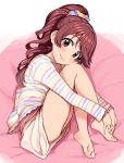  1girl barefoot blush brown_eyes brown_hair eyebrows_visible_through_hair full_body hair_ornament high_ponytail idolmaster idolmaster_cinderella_girls leg_hug long_hair long_sleeves looking_at_viewer miniskirt omaru_gyuunyuu shiina_noriko shiny shiny_hair shirt skirt smile soles solo striped striped_shirt white_skirt 