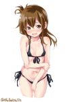 1girl alternate_costume bikini black_bikini blush breasts brown_eyes brown_hair commentary_request ebifurya embarrassed eyebrows_visible_through_hair hair_between_eyes highres inazuma_(kantai_collection) kantai_collection looking_at_viewer medium_hair micro_bikini navel open_mouth simple_background small_breasts solo swimsuit tears twitter_username 