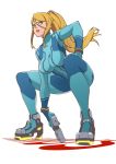  1girl ass blonde_hair blue_bodysuit blue_eyes bodysuit breasts gun high_ponytail highres impossible_bodysuit impossible_clothes kevvv large_breasts long_hair looking_at_viewer metroid mole mole_under_mouth nintendo ponytail samus_aran shiny shiny_clothes simple_background skin_tight solo super_smash_bros. super_smash_bros._ultimate weapon zero_suit 