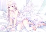  1girl arm_support bare_shoulders bed_sheet blush bow breasts commentary_request curtains dress fingernails flower frilled_dress frilled_pillow frills hair_flower hair_ornament high_heels kashiwabara_en light_brown_hair long_hair medium_breasts original pillow pink_flower red_eyes rose see-through shoes sidelocks sleeveless sleeveless_dress solo thigh-highs very_long_hair white_bow white_dress white_flower white_legwear white_rose 
