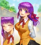  1girl :d arms_behind_back black_skirt blush closed_eyes darumaya_(rikky_potty) fate/stay_night fate_(series) hair_ribbon lens_flare long_hair long_sleeves looking_at_viewer matou_sakura miniskirt neck_ribbon open_mouth outdoors pleated_skirt purple_hair red_ribbon ribbon shiny shiny_hair shirt skirt smile solo standing violet_eyes white_shirt 