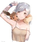  1girl 1other bare_shoulders blush breasts brown_eyes creatures_(company) eevee female_my_unit_(fire_emblem:_kakusei) fire_emblem fire_emblem:_kakusei game_freak gen_1_pokemon gloves highres intelligent_systems long_hair my_unit_(fire_emblem:_kakusei) nintendo pokemon pokemon_(creature) pokemon_(game) pokemon_lgpe silver_hair simple_background small_breasts smile snk_anm solo super_smash_bros. twintails white_background 