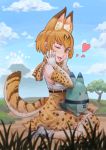  1girl ;d absurdres animal_ears blonde_hair blue_sky blurry_foreground bow bowtie clouds day elbow_gloves gloves hands_on_own_cheeks hands_on_own_face hands_up heart highres kemono_friends looking_at_viewer lucky_beast_(kemono_friends) one_eye_closed open_mouth outdoors serval_(kemono_friends) serval_ears serval_print serval_tail short_hair sitting skirt sky sleeveless smile snow7a solo tail tree wariza 