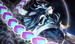  black_hair fate/grand_order fate_(series) feathers fingernails forehead_jewel long_fingernails long_hair makeup multicolored_hair peacock_feathers qin_shi_huang_(fate/grand_order) red_eyes shawl smile two-tone_hair very_long_hair white_hair zerocastle 