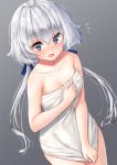  1girl :o armpit_crease bangs blue_eyes blue_ribbon blush collarbone commentary_request cowboy_shot embarrassed eyebrows_visible_through_hair flying_sweatdrops gradient gradient_background grey_background hair_between_eyes hair_ribbon holding holding_towel konno_junko long_hair looking_at_viewer low_twintails naked_towel open_mouth pensuke ribbon silver_hair solo standing sweatdrop thighs towel twintails zombie_land_saga 