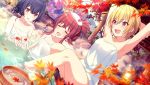  3girls :d arm_behind_head arm_up armpits autumn_leaves black_hair blonde_hair blush breasts brown_hair cleavage collarbone day dutch_angle eyebrows_visible_through_hair hair_between_eyes idolmaster idolmaster_shiny_colors komiya_kaho leaf maple_leaf medium_breasts morino_rinze multiple_girls naked_towel official_art onsen open_mouth outdoors partially_submerged red_eyes redhead saijou_juri shiny shiny_hair short_hair smile towel towel_on_head water white_towel 
